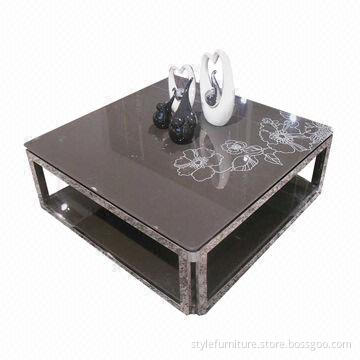 Square table with tempered-glass top and stainless metal frame